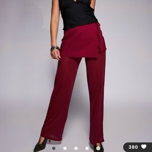Mesh Burgundy Women's Pants with Skirt
